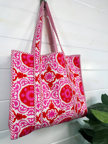 Pink/Red Medallion Quilted Tote Bag